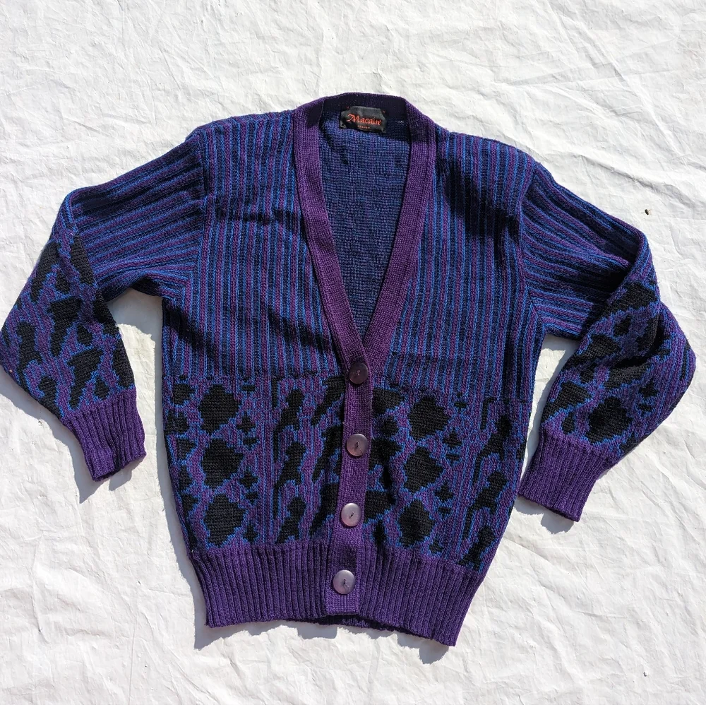 COPY - Vintage Macaire Purple, Blue & Black Wool Knit Button Front Cardigan Med… - Picture 1 of 6